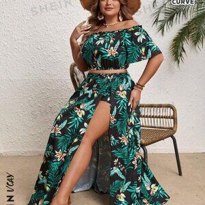 SHEIN VCAY Plus Size Tropical Print Off-Shoulder Cropped Top And Skirt Set
